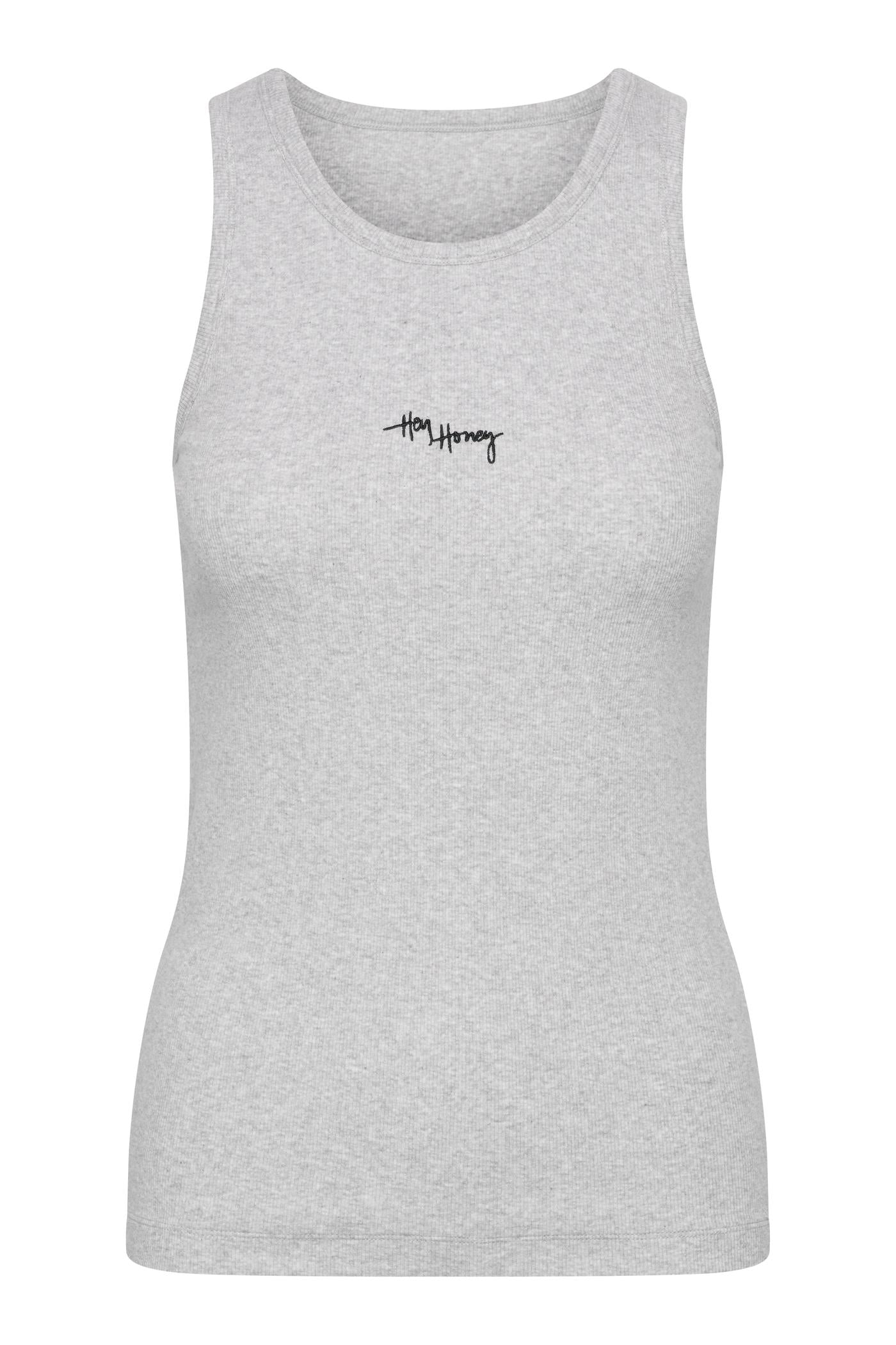 Light grey ribbed Hey Honey tank top with black embroidered logo.