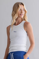 Rib Tank White Blue Logo | Hey Honey & Active Wear